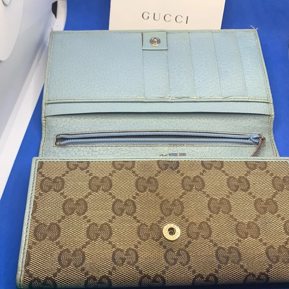 Gucci Guccissima monogram flap wallet brown light blue almost sea foam color. - Picture 4 of 12